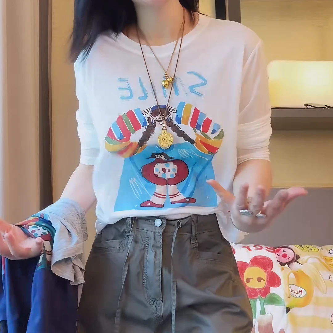 【微笑女孩防晒】夏季薄款长袖t恤印花休闲圆领上衣女LK2503685-1