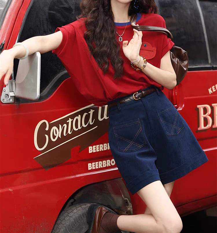 短裤套装女复古港风圆领撞色短袖夏季上衣裤子两件套女潮