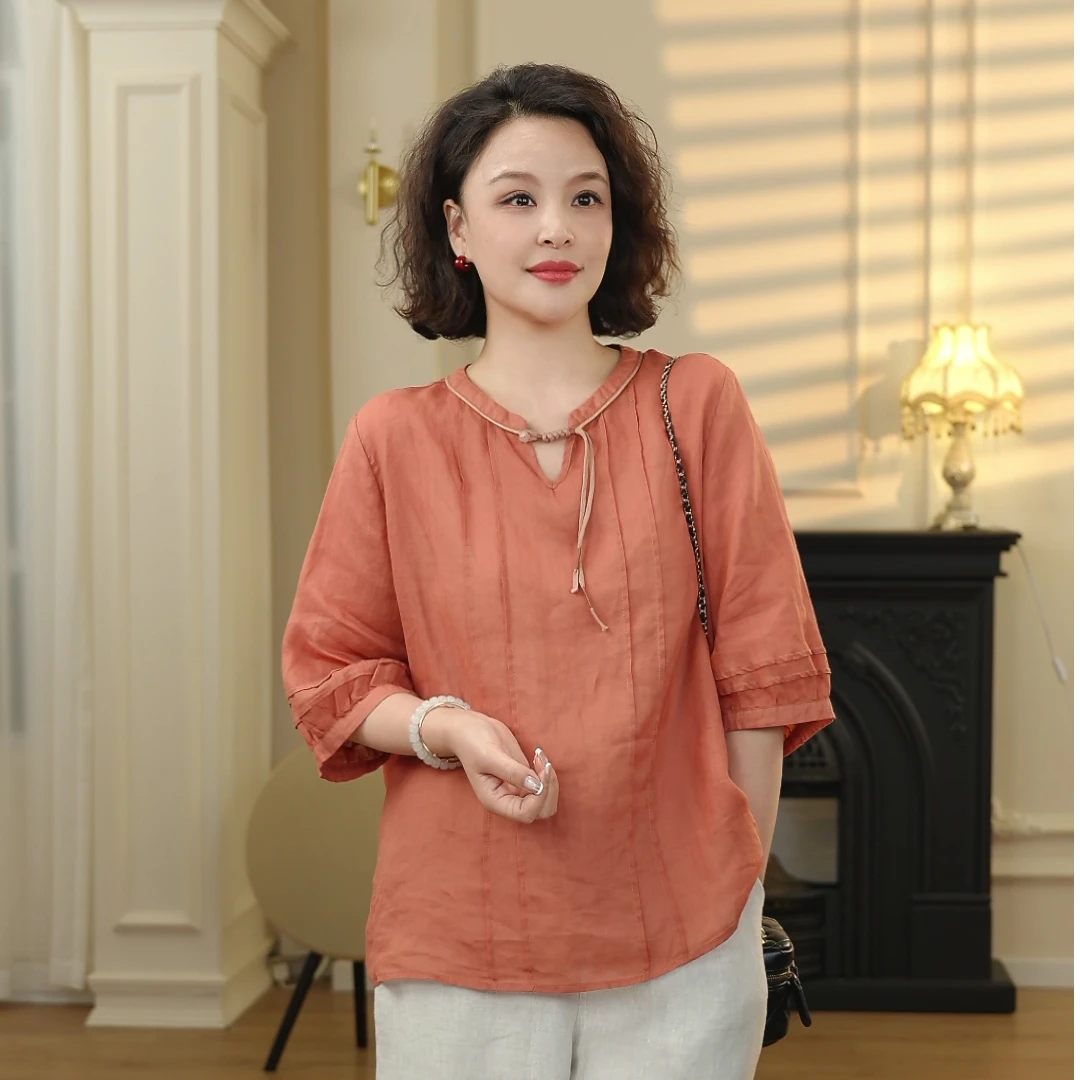 苎麻小衫系绳款百搭衬衫夏季薄款显瘦设计感减龄上衣-9293