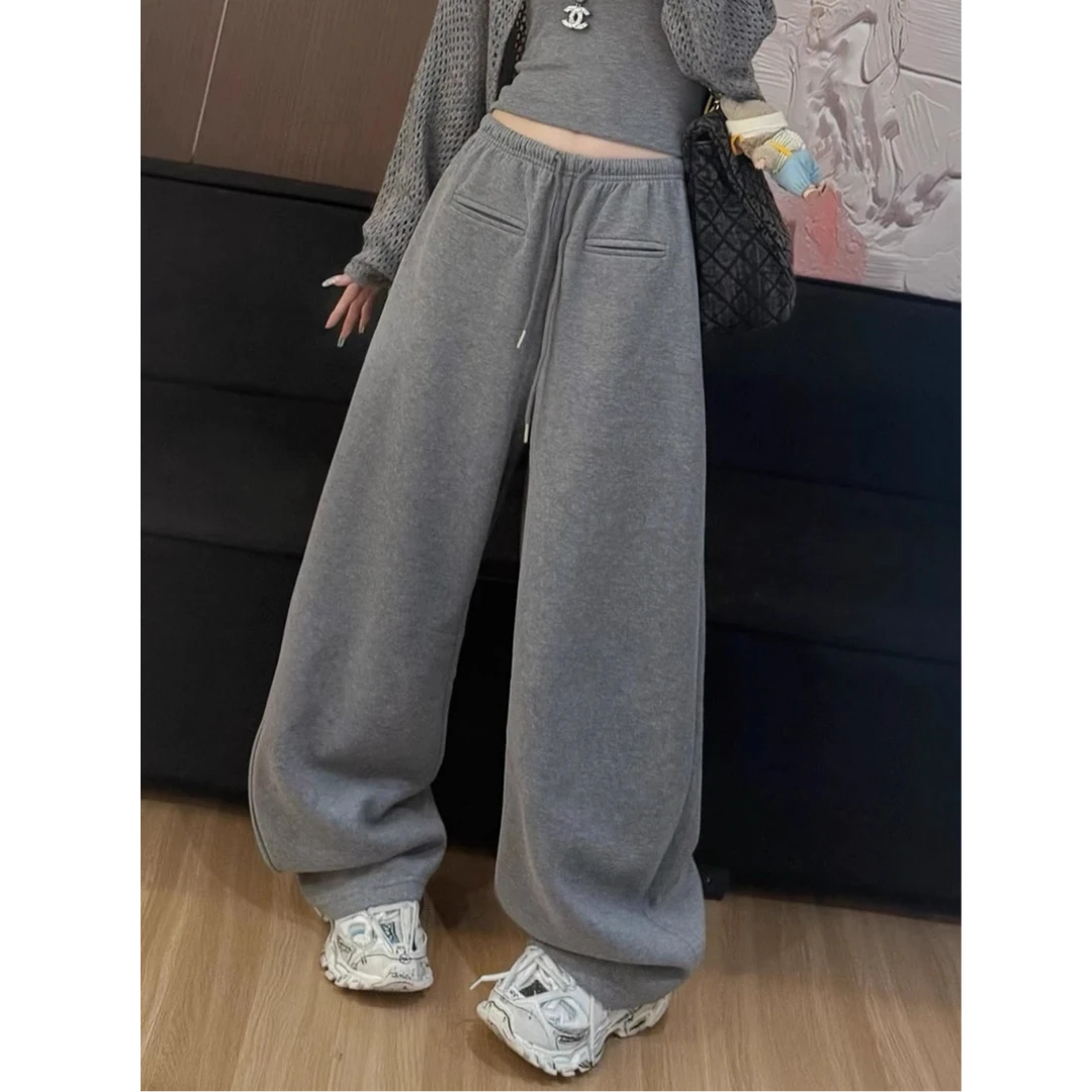 慵懒感百搭灰色松紧腰设计感显瘦休闲卫裤秋季新款阔腿运动长裤子