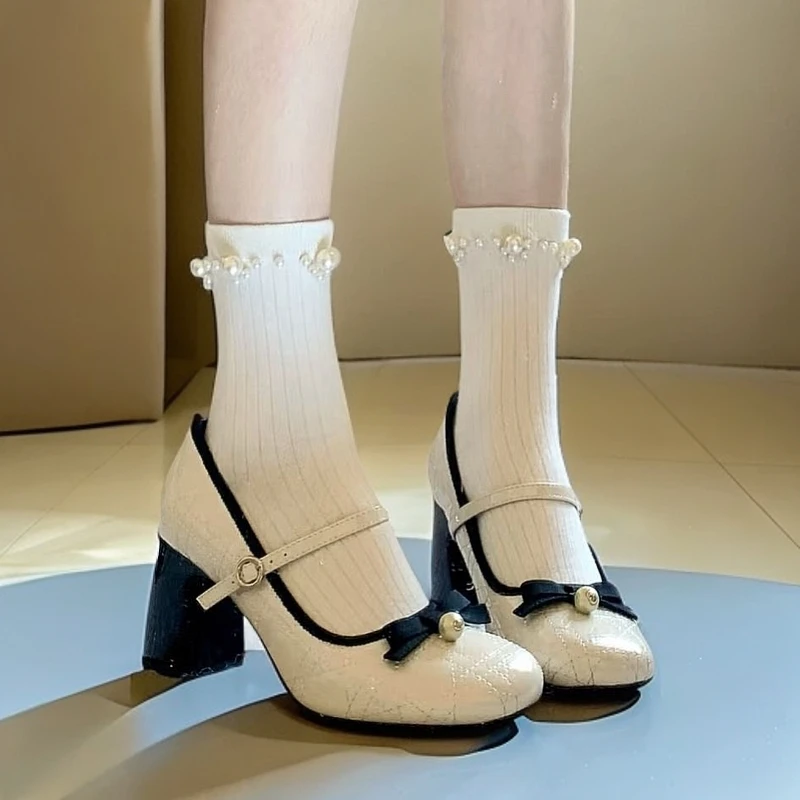 白色优雅小香风春季新款不累脚法式高跟鞋女透气玛丽珍鞋单鞋