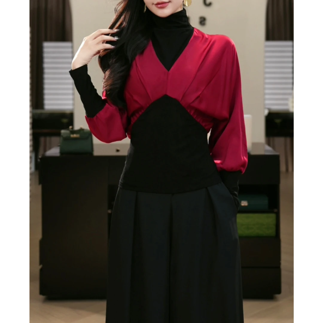 现货2025春秋新款【DD-832】气质轻奢拼接酒红色显瘦衬衫复古上衣女