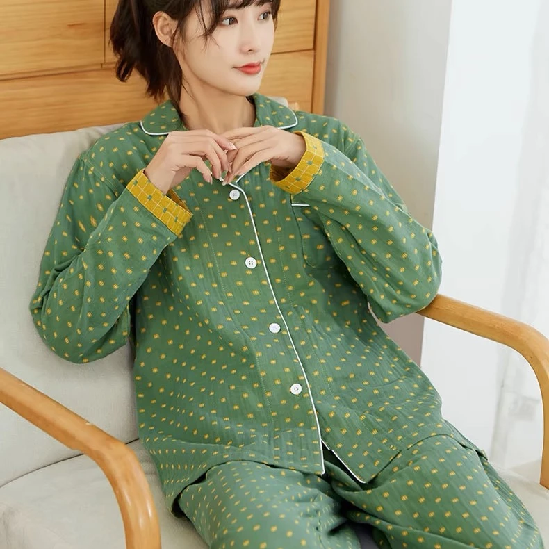 『色织提花』春秋A类双层纱全棉新款睡衣薄款长袖长裤家居服舒适