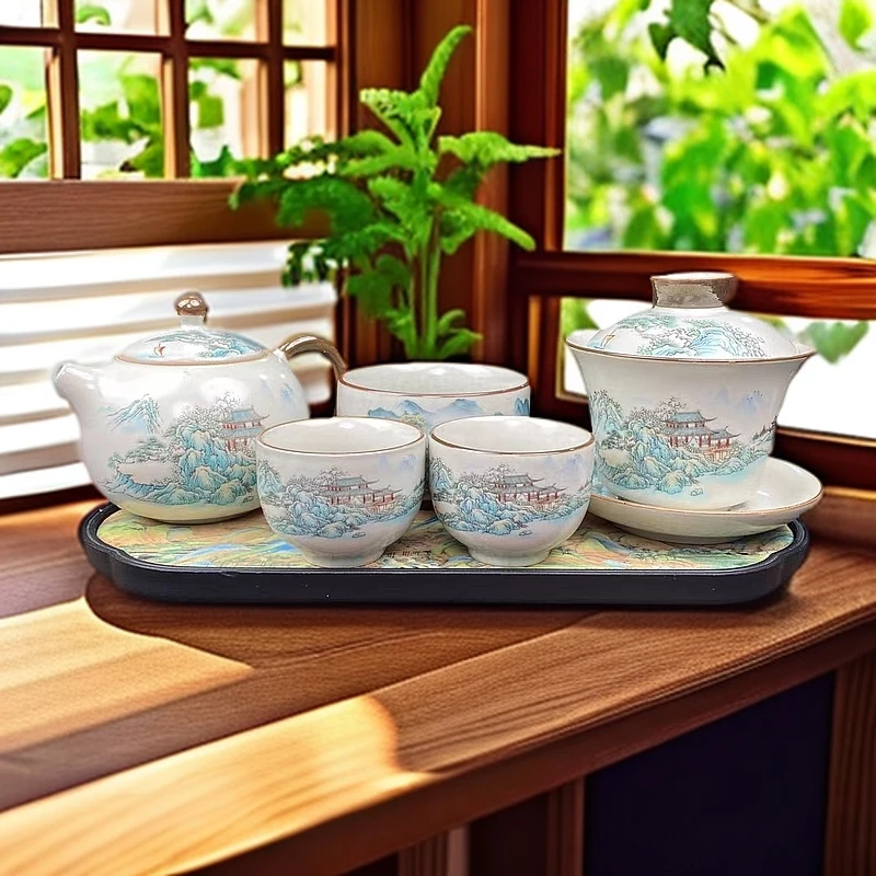 千里江山盖碗+铜钱杯+两客杯+壶+茶盘@@ZH2437