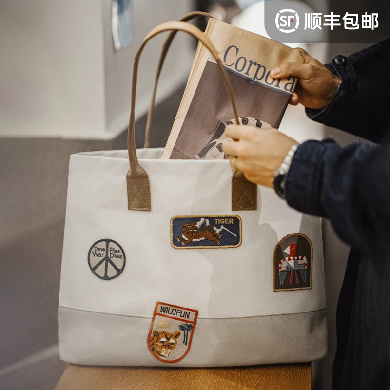 马登工装美式复古章仔刺绣托特包大容量手提包相机电脑单肩包男女