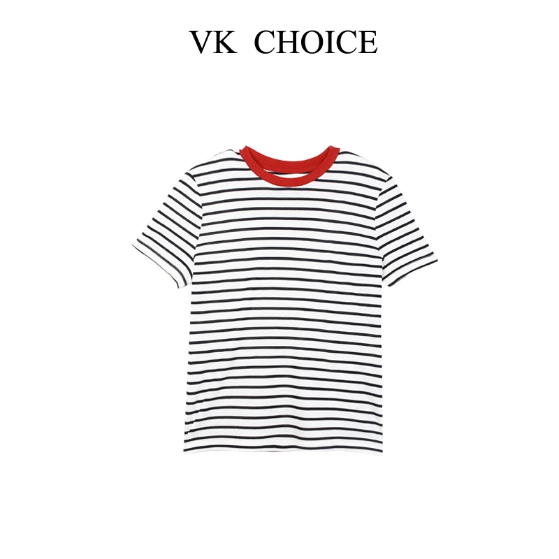 VK CHOICE春夏新品【条纹T】撞色修身简约时尚百搭圆领T恤上衣25010