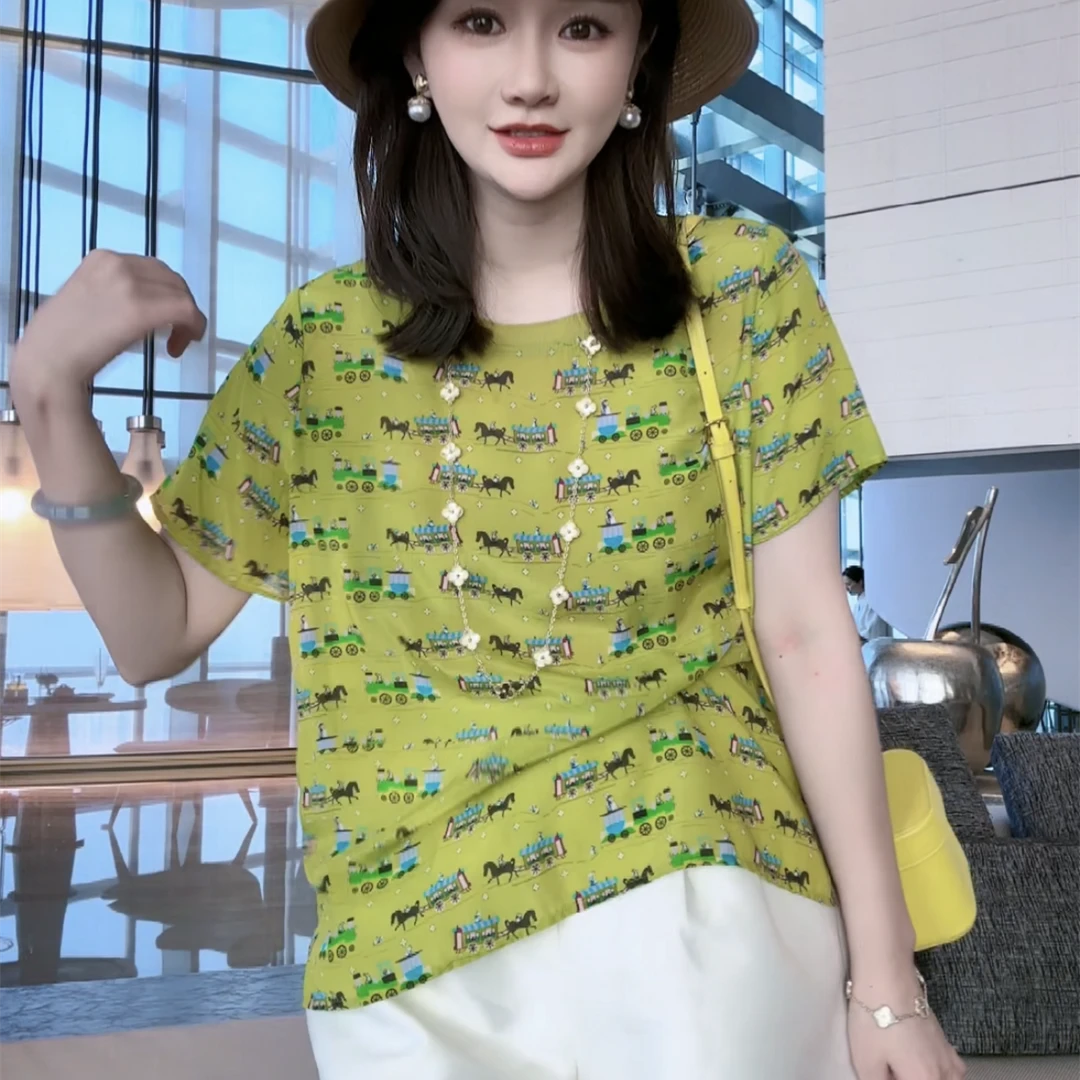 【深圳南油】（H56）新款圆领马车图案时尚百搭休闲桑蚕丝t恤上衣