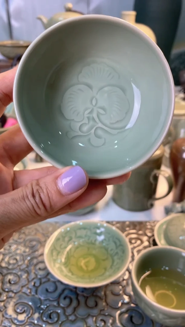 耀州窑瑕疵 手工刻花茶碗 微瑕 开片
