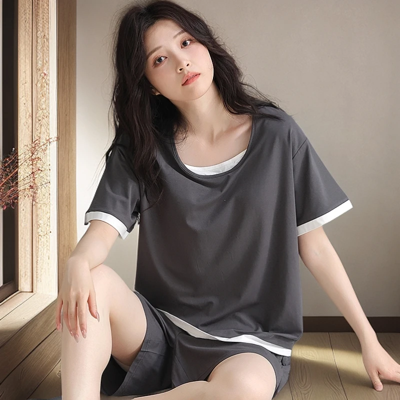 莫代尔睡衣女短袖带胸垫夏季2025新款防凸两件套装大码宽松家居服