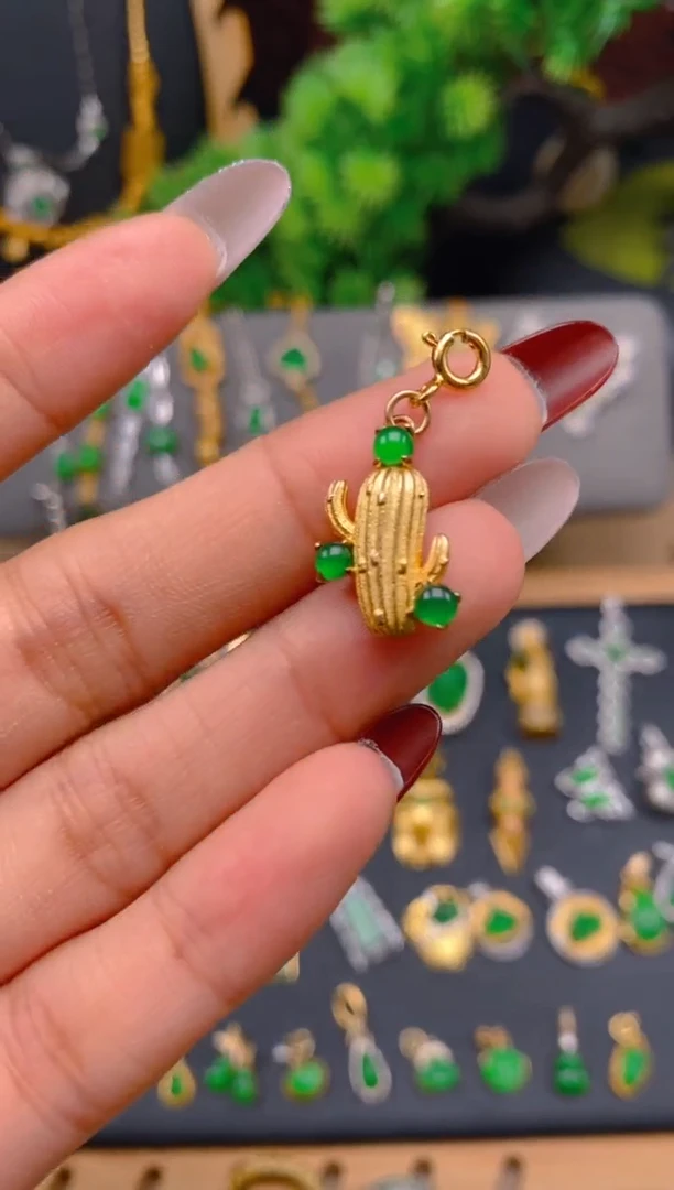 吊坠(不含链)银S925镶嵌翡翠仙人掌