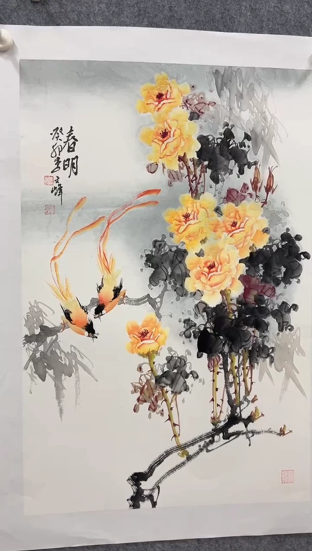 国画李文峰四尺三开花鸟