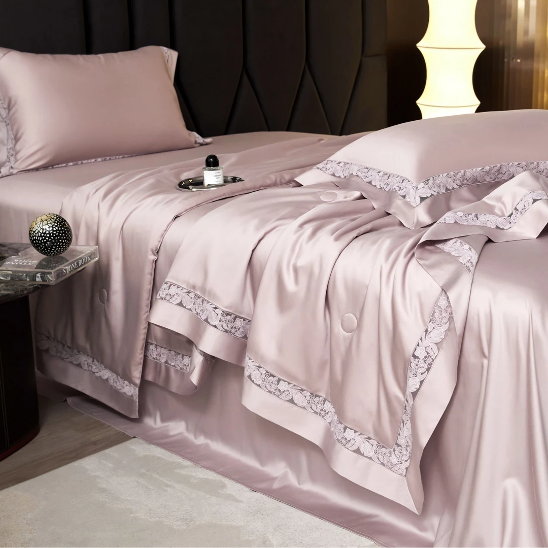 高端轻奢鎏金天丝棉四件套舒适亲肤四季可用蕾丝花边被套