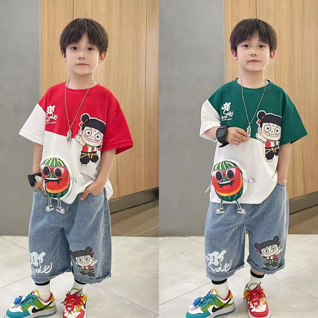 魔童哪吒短袖童装2025新款男童套装网红宝宝薄款夏季潮酷儿童服装