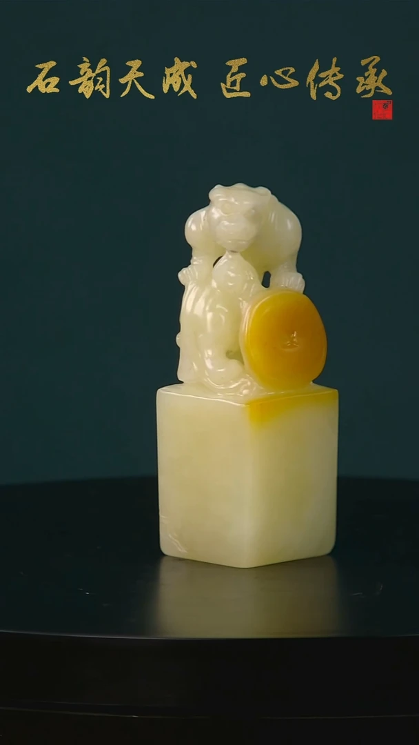 寿山石黄白芙蓉螭龙协铜钱章2.1*2.1*6.0