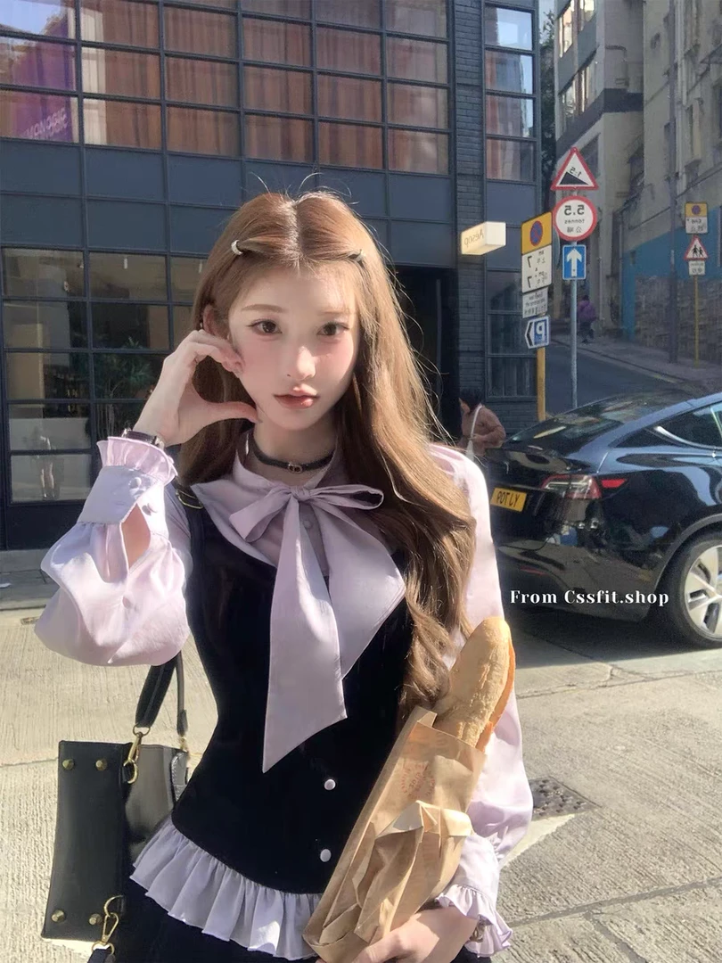 私藏月色 紫色拼接衬衫马甲假两件长袖丝绒上衣甜美蓬蓬短裙套装