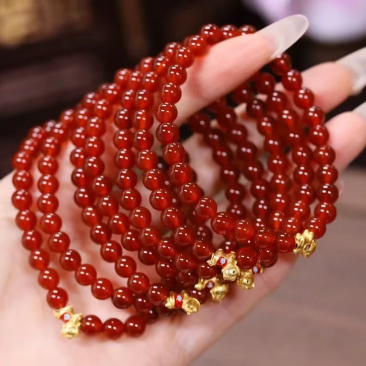 6mm红玛瑙唐彩立体小马六六大顺马上有钱花弹力手串