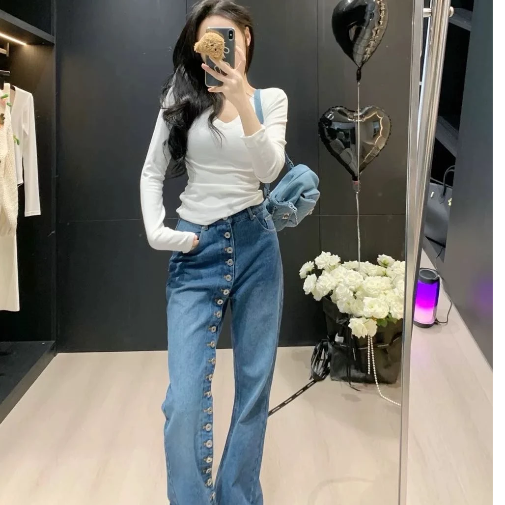 阔腿裤休闲牛仔裤设计感女长裤秋季新款时尚套装气质显瘦长袖上衣