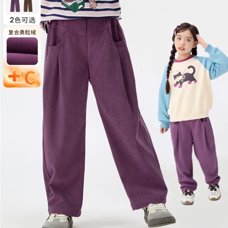 【裤子校服神器】小茵曼女童灯芯绒裤印花纽扣25秋宽松复古休闲裤