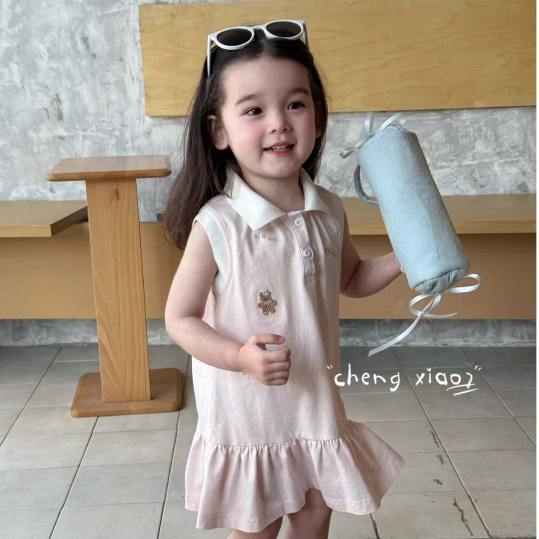 女童连衣裙2025夏季新款儿童无袖polo裙纯色棉质裙子透气公主裙