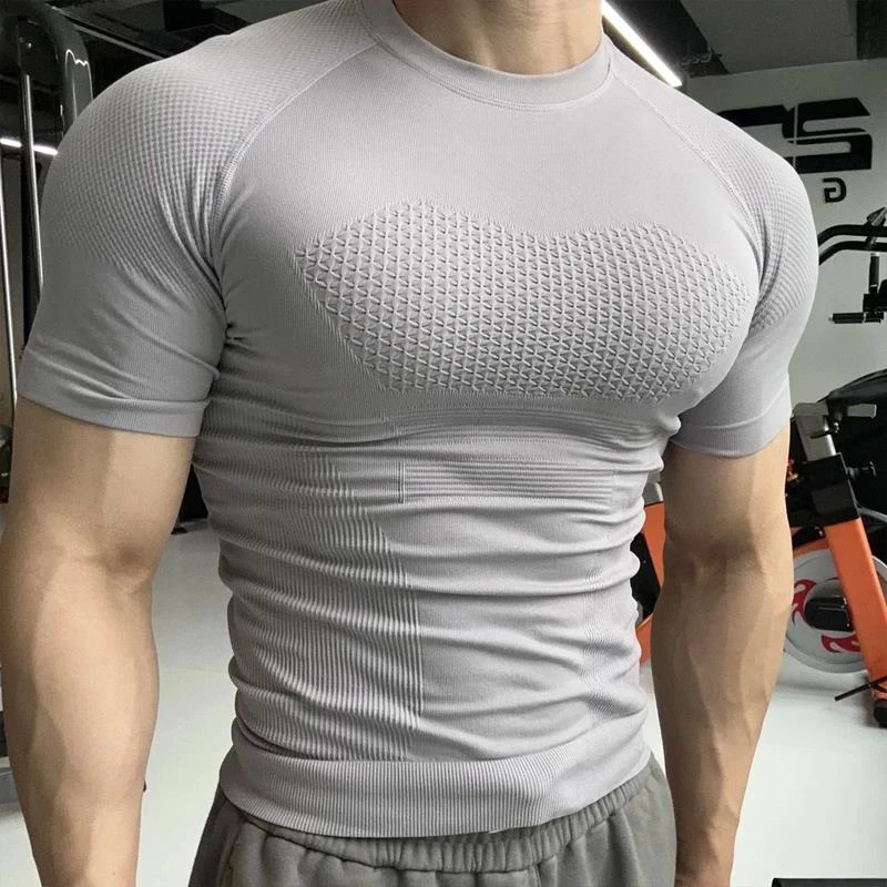灰色弹力运动短袖男款显肌肉紧身速干T恤无缝跑步骑行训练健身服