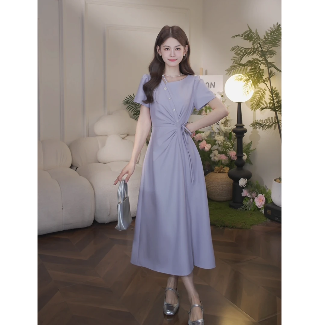 鹿向南【流浪晚霞】2025夏季新款紫色假两件收腰显瘦气质连衣裙女
