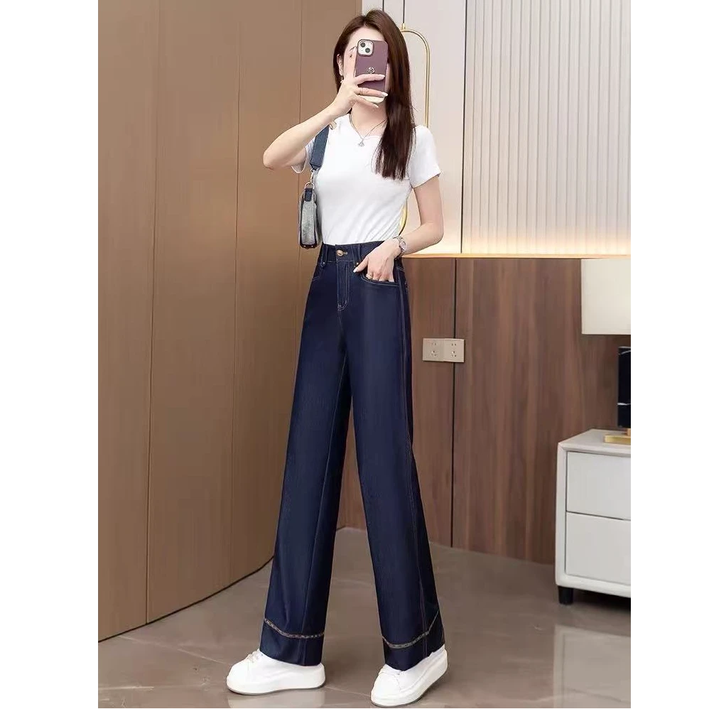 K730丹宁蓝休闲百搭橘色明线撞色设计带口袋薄款宽松牛仔裤