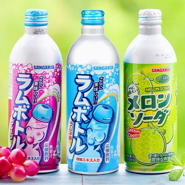 三佳利波子汽水500ml铝罐日本进口SANGARIA哈密瓜葡萄味碳酸饮料