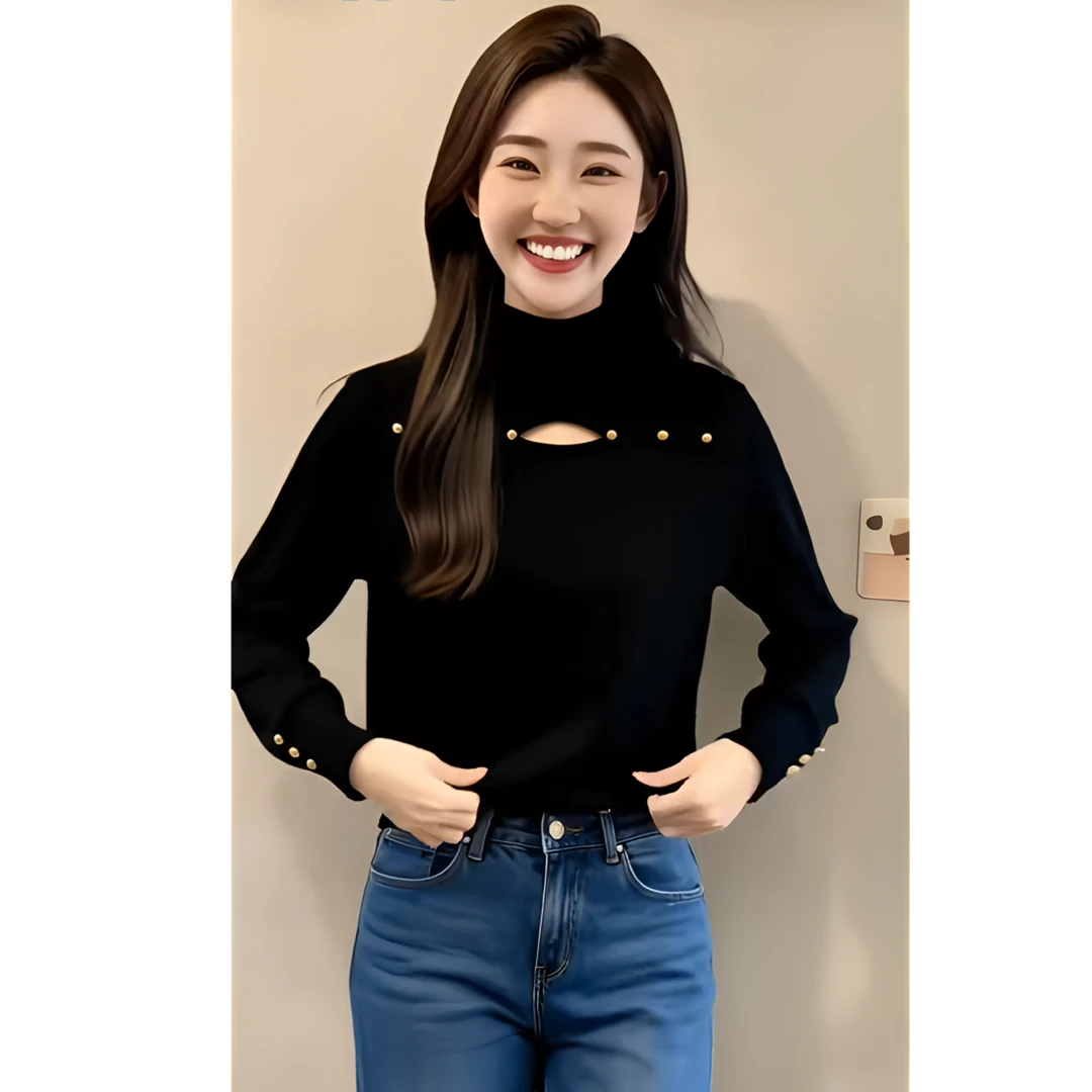 加绒大码女装打底衫半高领内搭秋冬修身显瘦胖mm设计感镂空上衣