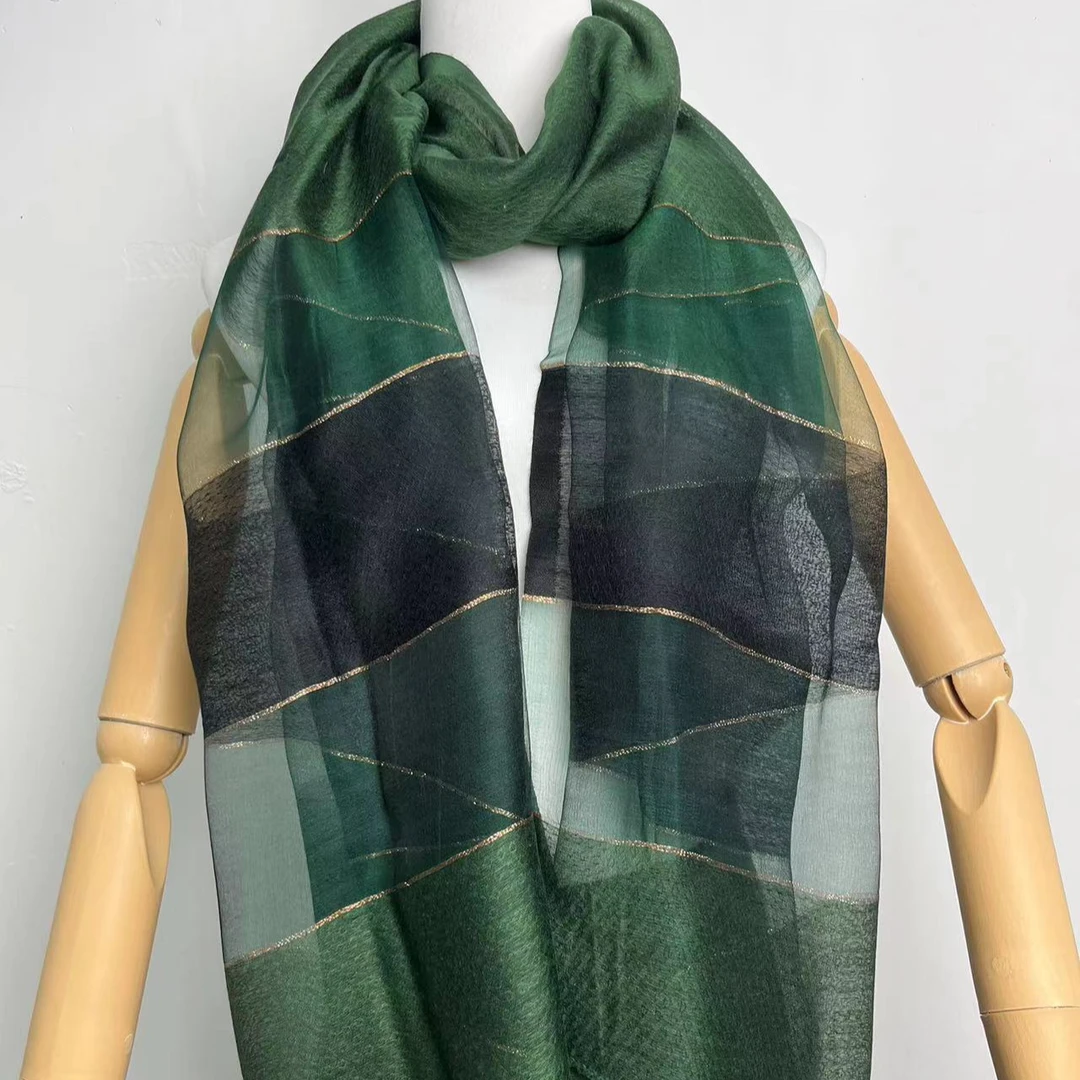 C079 绿底黑条 桑蚕丝羊毛围巾 75*200 #S