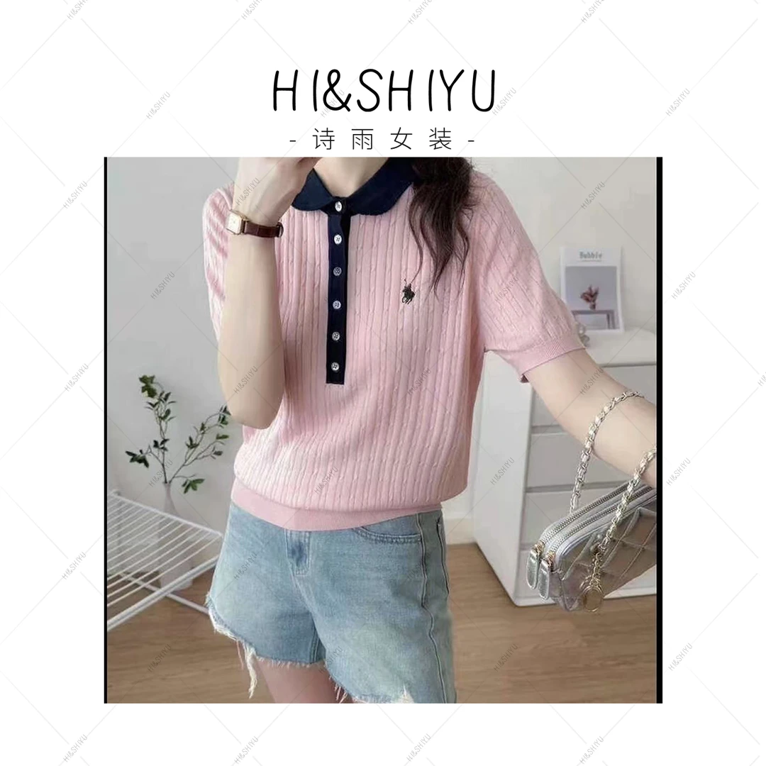 HISHIYU【心动预告】小马刺绣拼色娃娃领POLO衫短袖针织衫女