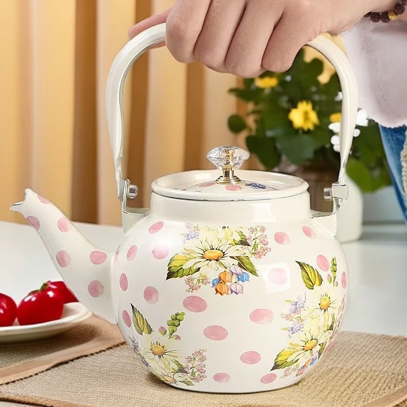 粉色浪漫搪瓷波点水壶家用壶厚款果汁花茶壶复古