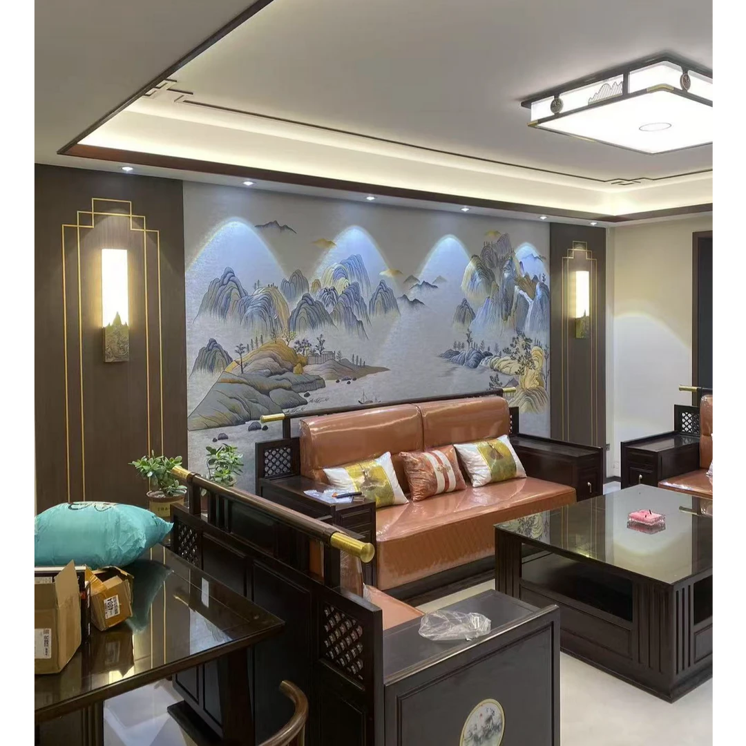 湘绣/xiangxiu独绣新中式山水沙发茶室纯刺绣墙布背景墙