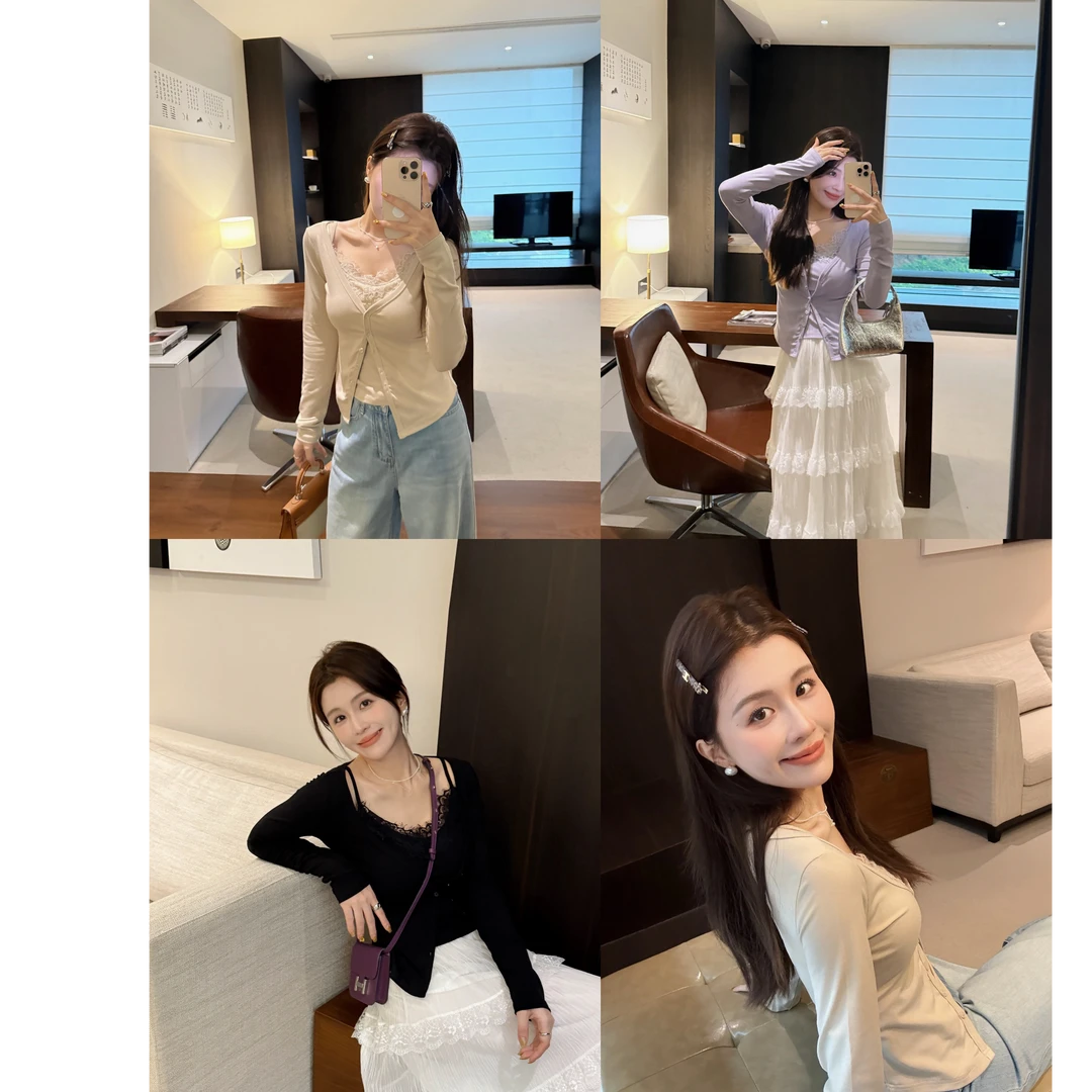 YPP！【小撩怡情】软软单排扣V领设计感两件套蕾丝边上衣T恤