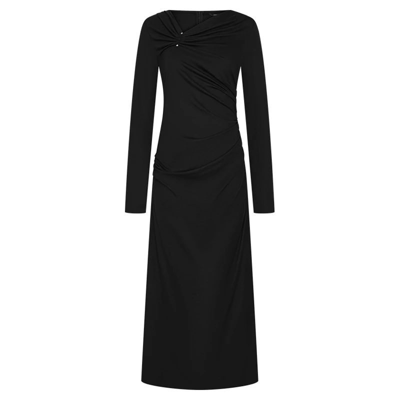 UR2025新款女装法式气质褶皱修身长袖连衣裙UWJ740072