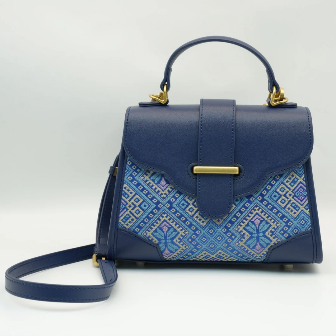 谭湘光 | 广西非遗壮锦金蓝蝴蝶手拎包斜跨包单根手提款拉链轻奢