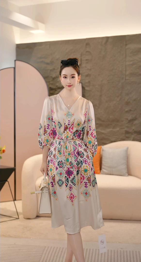 套头七分袖宽松腰夏季印花连衣裙长裙中长款时尚气质收腰裙子