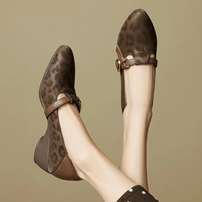 豹纹单鞋女法式坡跟小皮鞋2025春季新款尖头软底复古单鞋百搭时尚