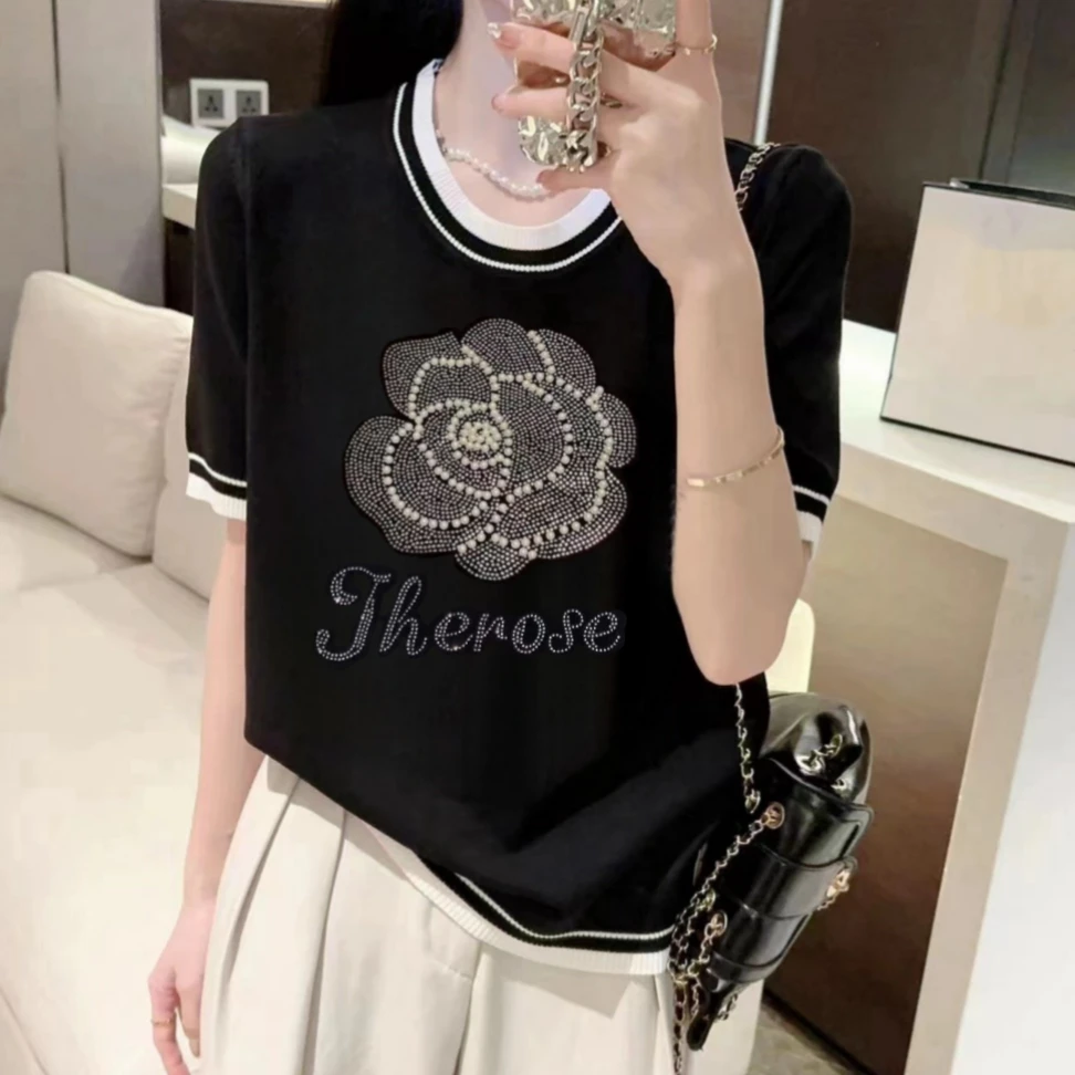花朵重工烫钻钉珠白色冰丝针织衫女夏季欧货修身百搭短袖T恤上衣