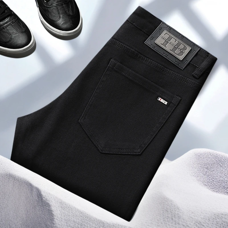 宾斯洛特夏季薄款弹力黑色男士牛仔裤潮牌刺绣男装裤子修身小脚