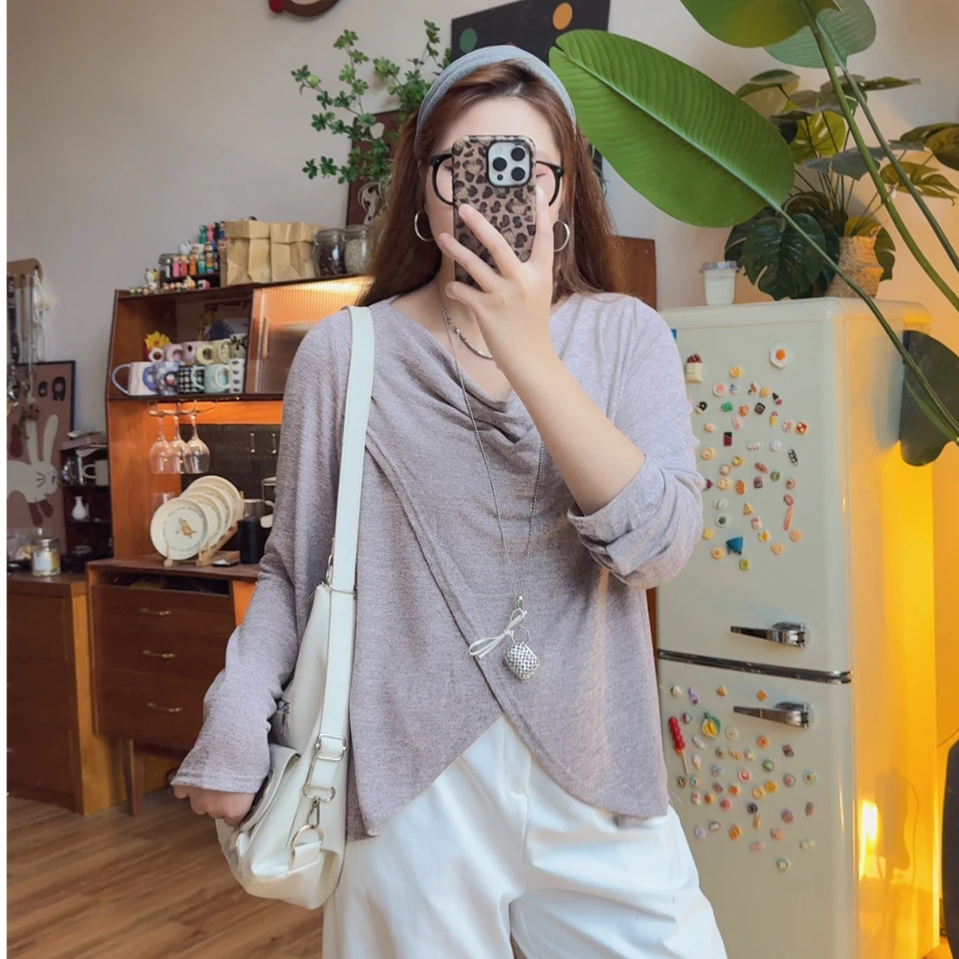 秋款新款微胖大码宽松型显瘦时尚早秋长袖针织休闲百搭上衣6196