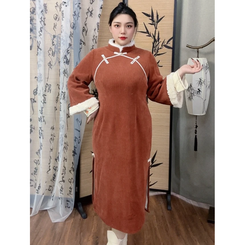 码加加橘光绮梦-36462新中式秋冬气质长款大码旗袍优雅显瘦连衣裙