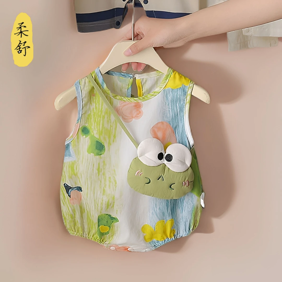 婴儿衣服夏季薄款超萌宝宝青蛙挎包连体衣满月百天婴幼儿哈衣爬服