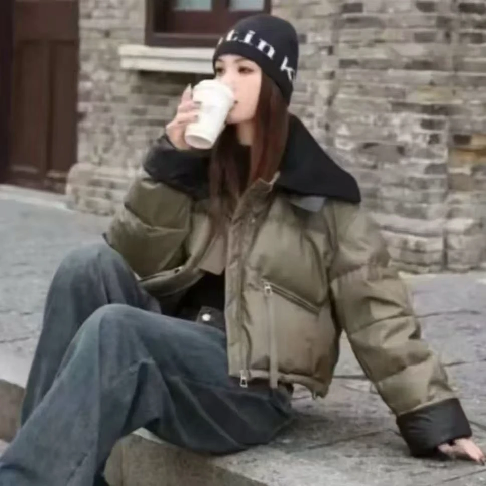 雅丹风拼接撞色毛线领韩版短款棉服外套