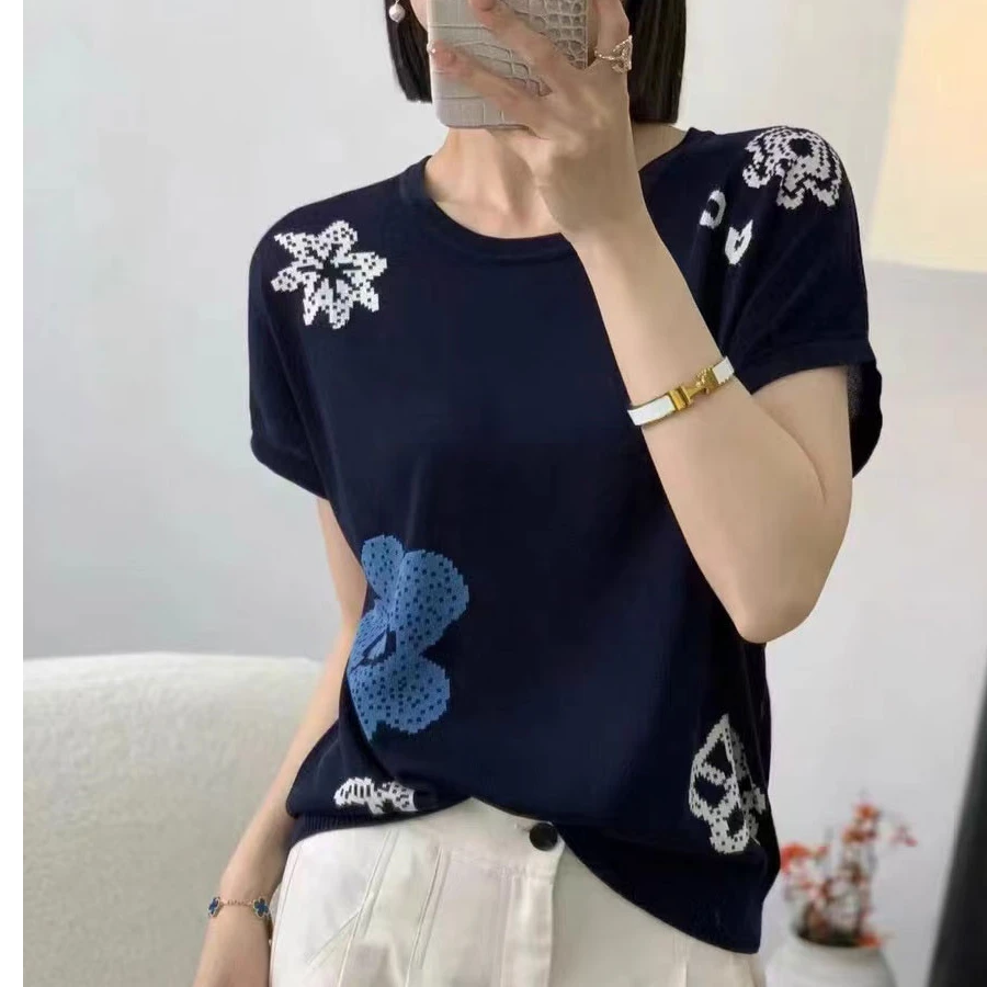 100%莱赛尔圆领提花短袖针织女士女士夏季半袖套头宽松T恤