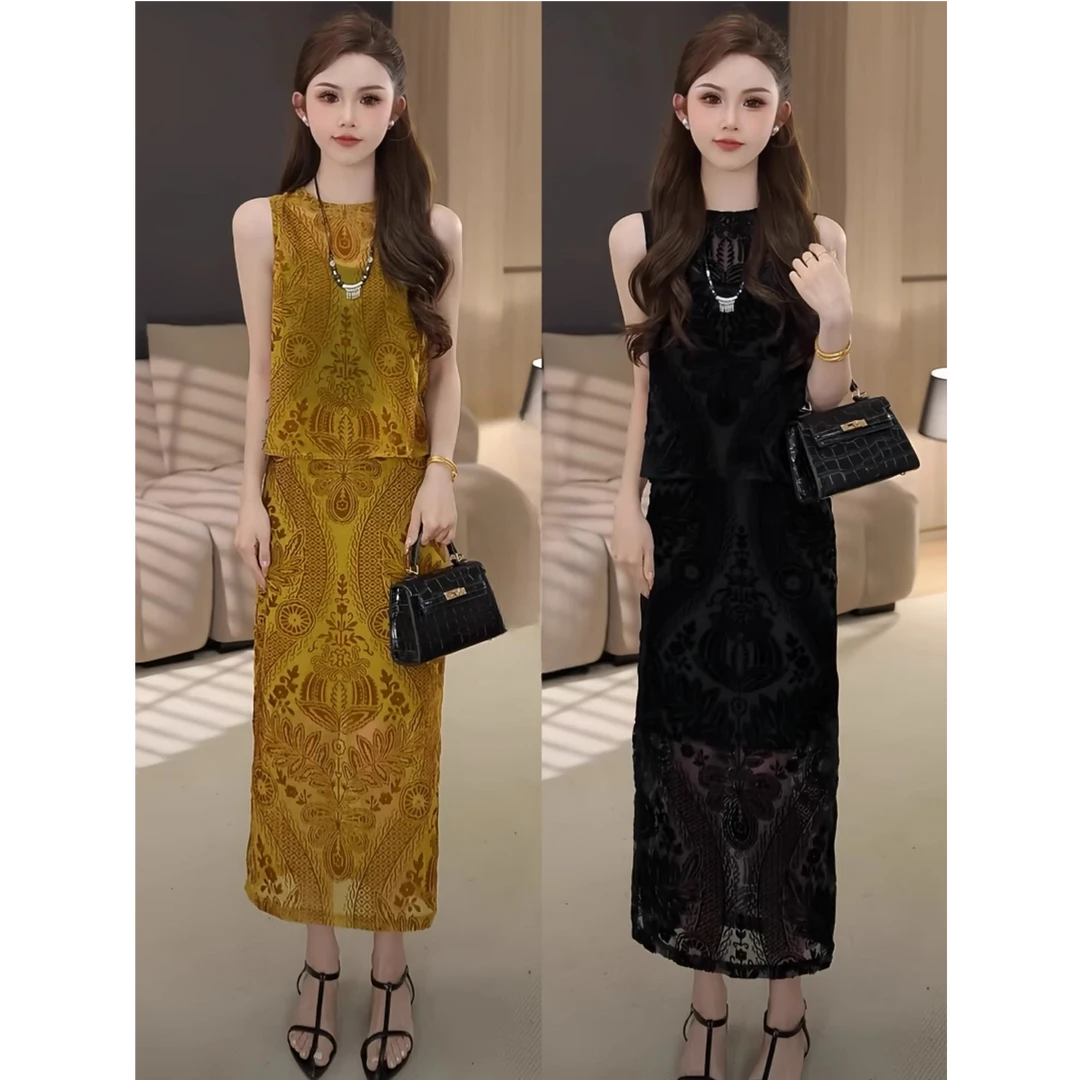 拉夏贝尔时尚套装裙女夏季洋气无袖背心上衣气质开叉半身裙两件套