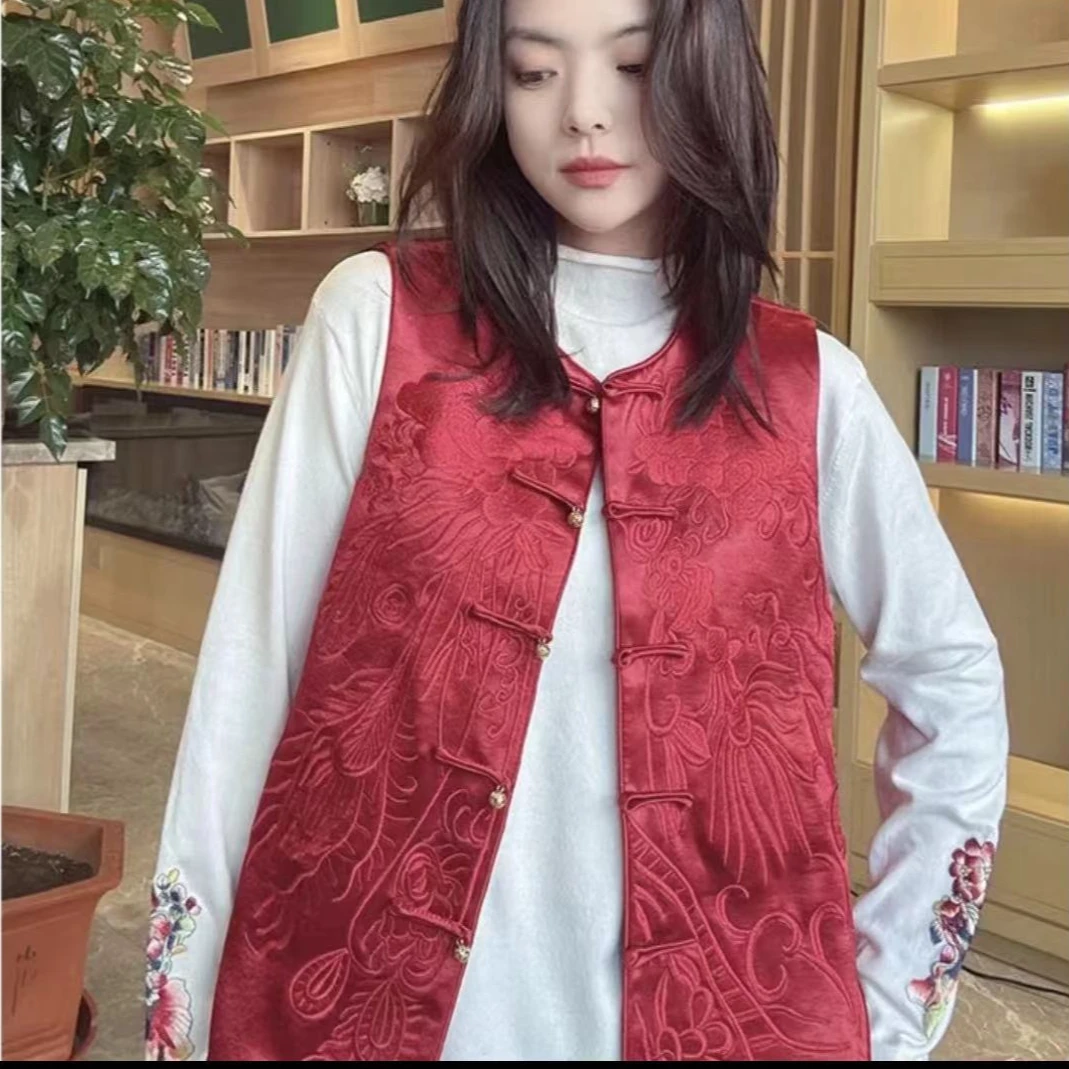 时尚网红百搭复古中式重工凤尾牡丹刺绣中国风新年款马夹98021