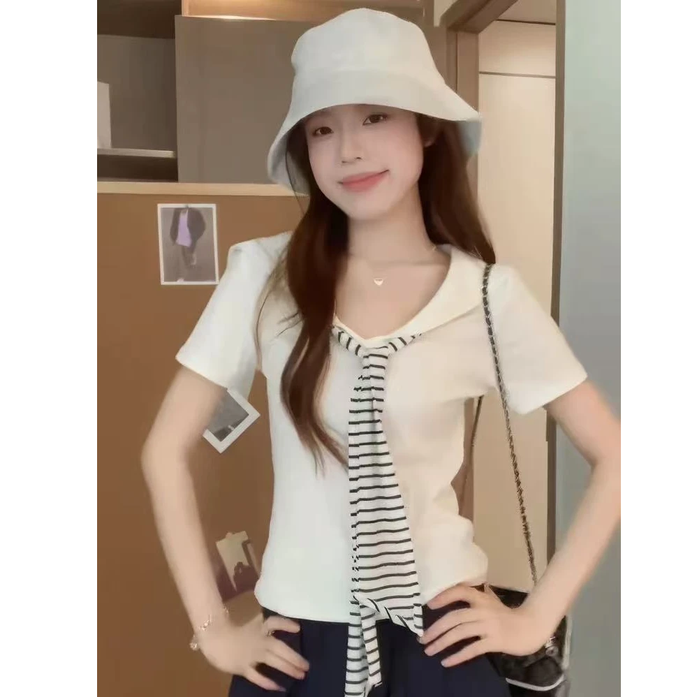 条纹飘带海军领白色短袖t恤女夏气质修身显瘦巨好看掐腰短款上衣