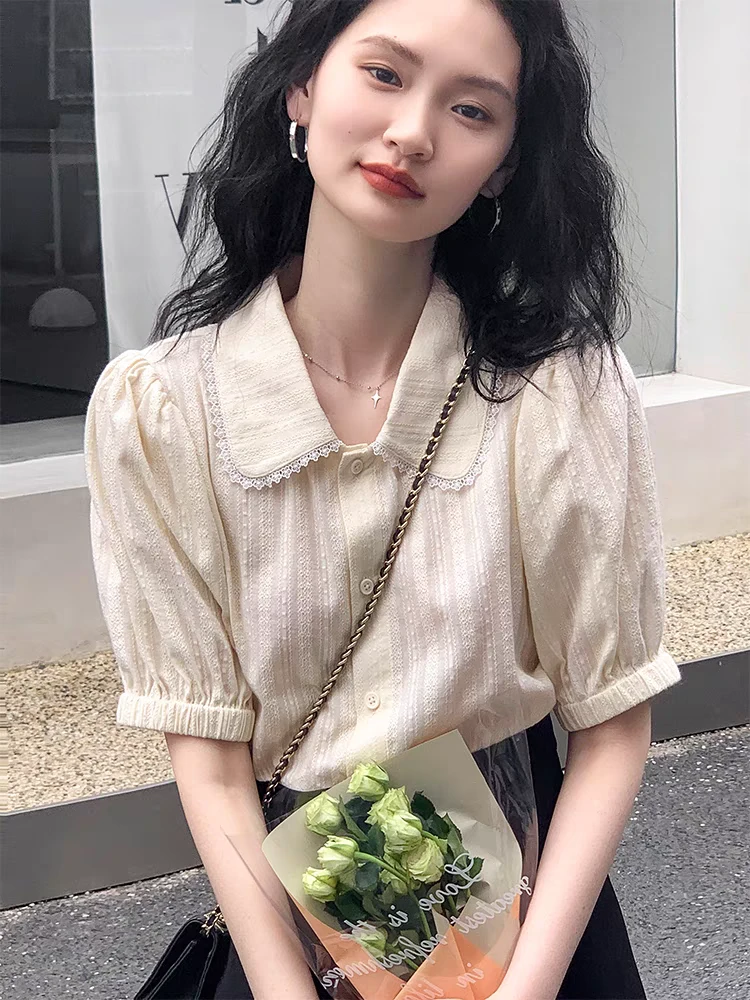 法式娃娃领短袖衬衫女春季小众设计感小个子独特别致泡泡袖上衣