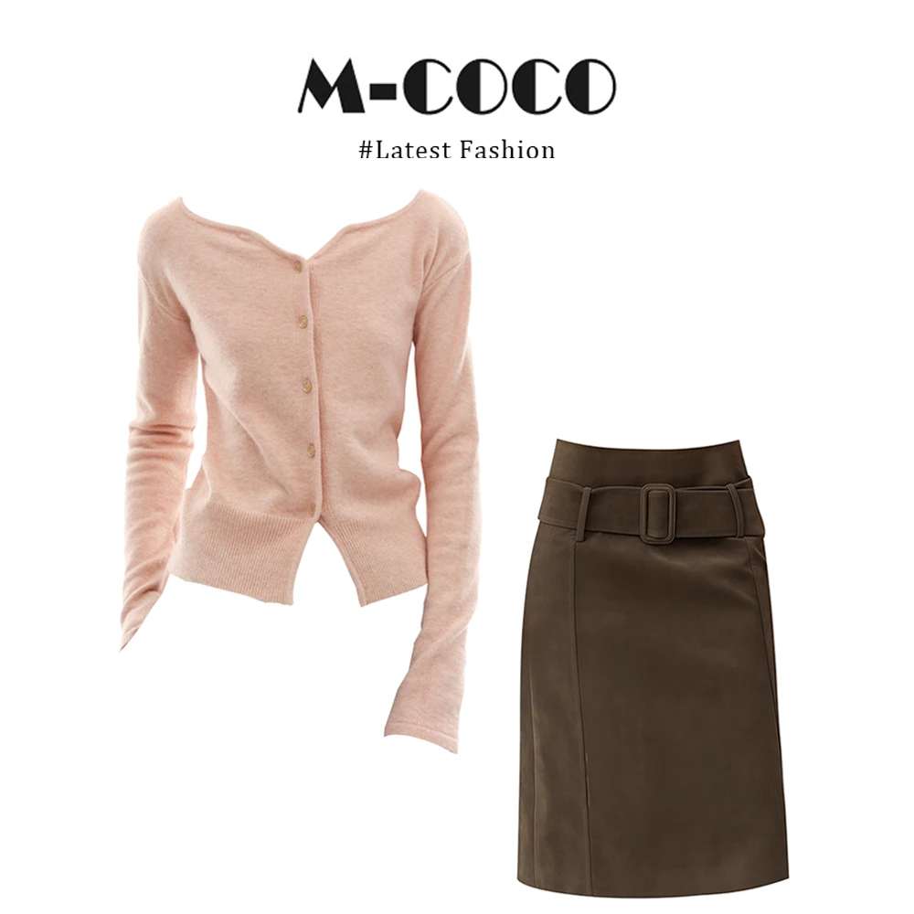MARIE.COCO法式温柔风减龄V领粉色针织开衫上衣半包臀裙秋季套装