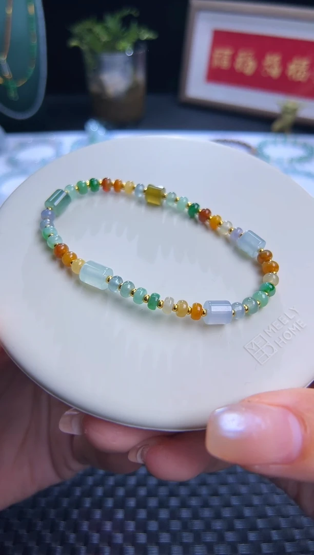 足金镶嵌手串翡翠新品上新！大漏！卡4.5彩虹多宝串！力推！